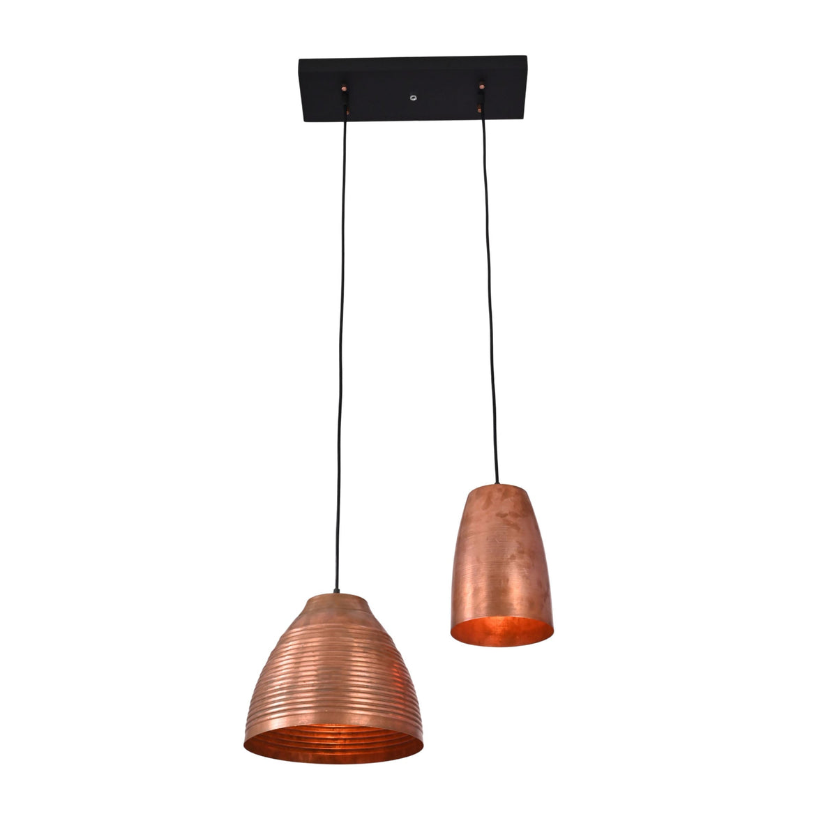 Illuminated Oslo Modern Dual Copper Pendant Chandelier featuring handcrafted ribbed and smooth copper shades