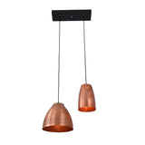 Illuminated Oslo Modern Dual Copper Pendant Chandelier featuring handcrafted ribbed and smooth copper shades
