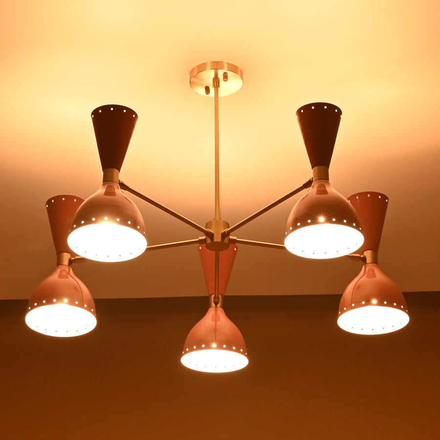 Modern peach double cone brass chandelier with six lights in brushed brass finish by Brass Leaf Studio