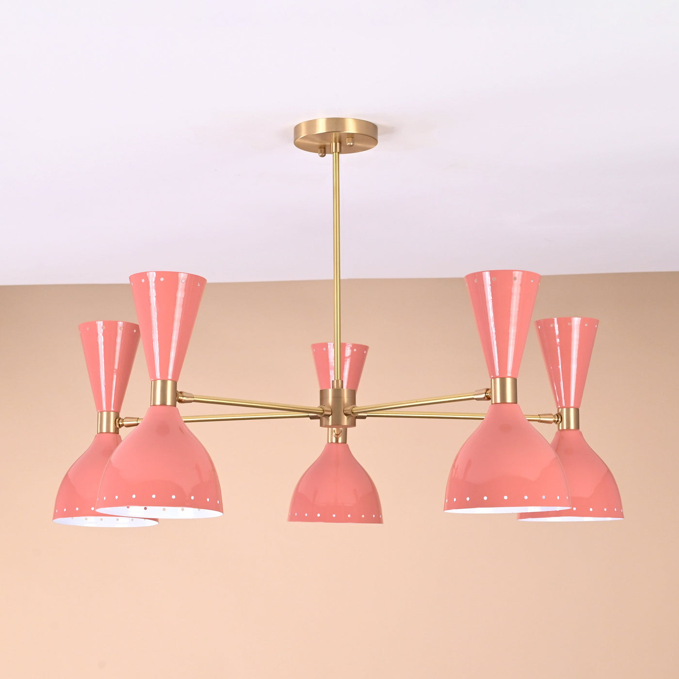 Modern peach double cone brass chandelier with six lights in brushed brass finish by Brass Leaf Studio