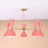 Modern peach double cone brass chandelier with six lights in brushed brass finish by Brass Leaf Studio