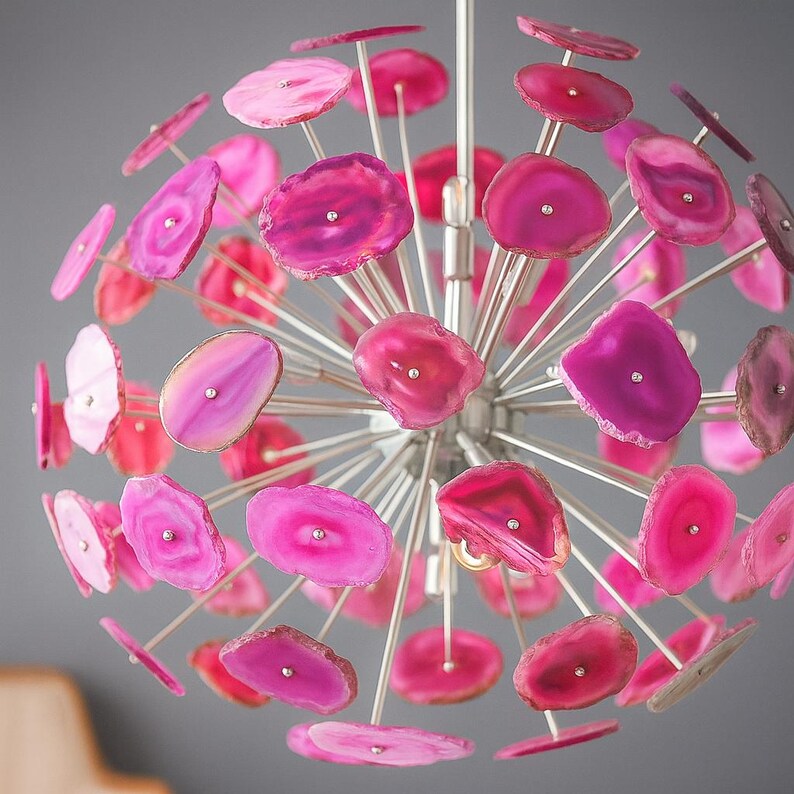 Artistic pink agate Sputnik-style chandelier with layered stone discs and radial metal structure