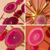 Close-up details of pink agate stone slices and solid brass arms in a handcrafted statement chandelier