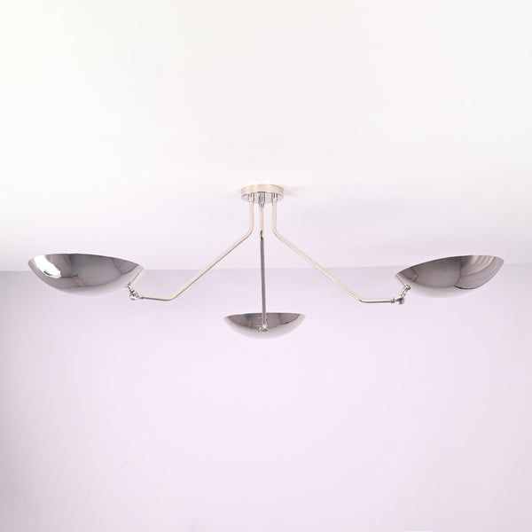 Polished chrome 3 light semi flush mount ceiling light with brass bowl shades, modern minimalist design by Brass Leaf Studio.