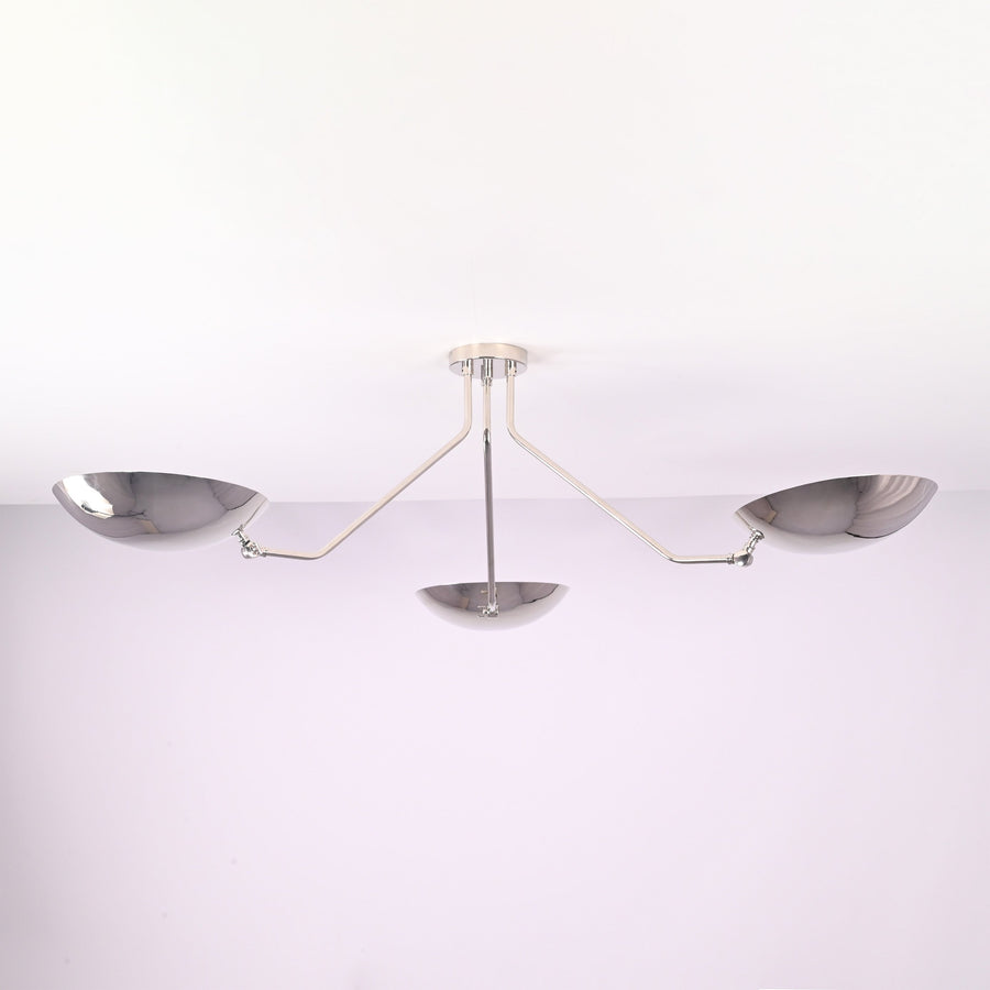 Polished chrome 3 light semi flush mount ceiling light with brass bowl shades, modern minimalist design by Brass Leaf Studio.
