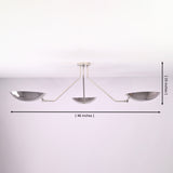Modern polished chrome ceiling light showing 46 inch width and 15 inch height with three bowl shaped brass shades.