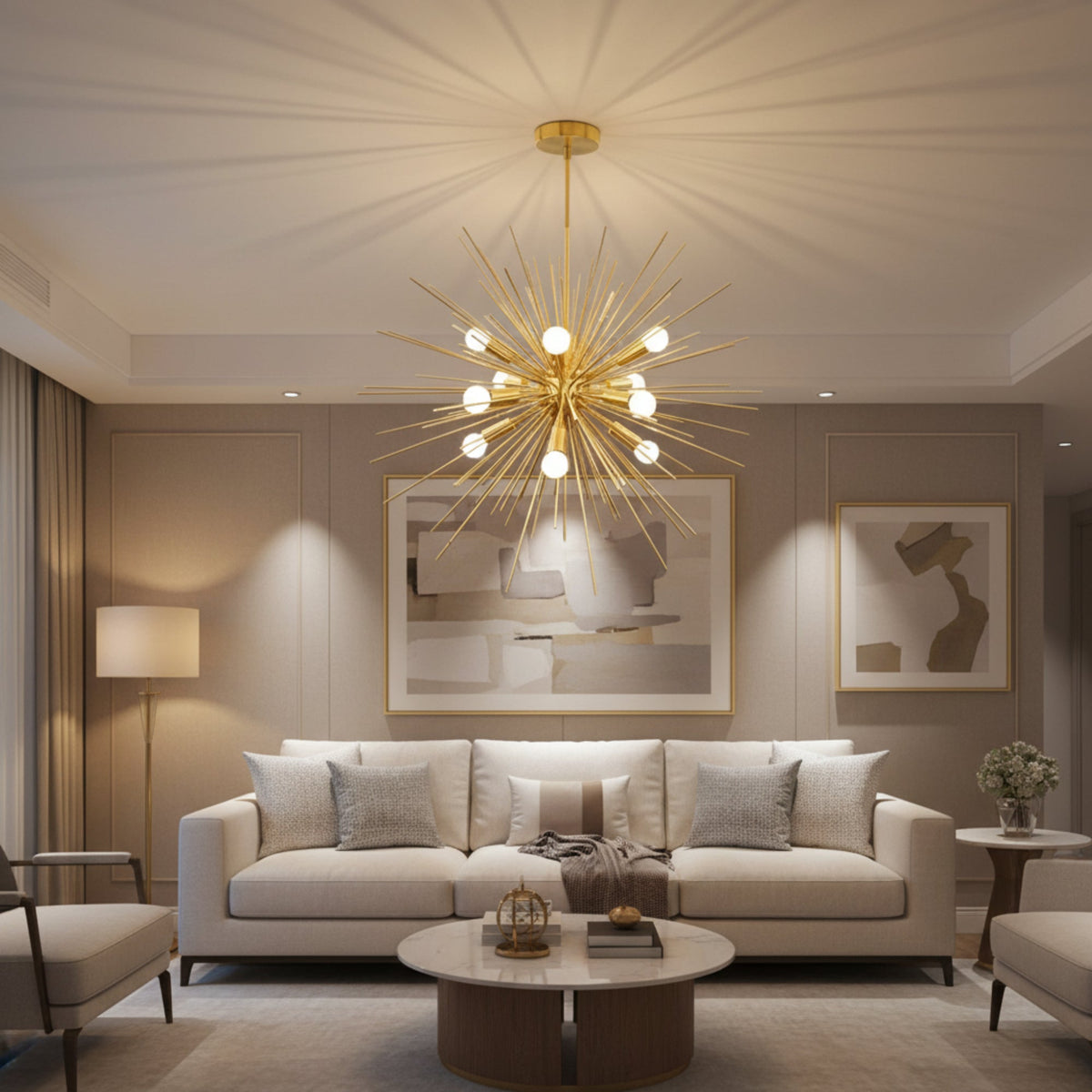 Porto Starburst 12-light brass chandelier with radiating Sputnik design, front view