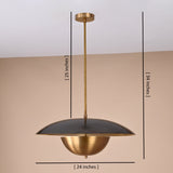 Brass disc pendant light showing full dimensions with 24-inch width, 25-inch rod length, and 34-inch overall height