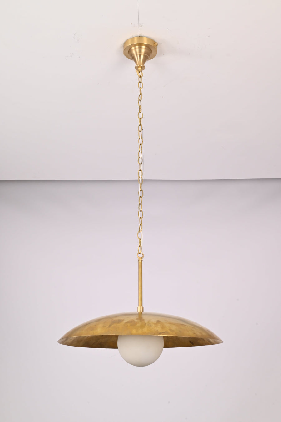Raw Brass Dome Disc Pendant Light With Opal Glass Globe – Model 33375