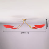 Sculptural red disc flush mount chandelier in solid brass showing 58 inch width and 12 inch height with minimalist bowl shade design.