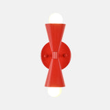 Red double cone wall sconce designed for bedroom, hallway, vanity, living room, and entryway lighting
