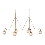Dimension view of 70 inch wide and 54 inch high linear chandelier with six ribbed glass globe shades
