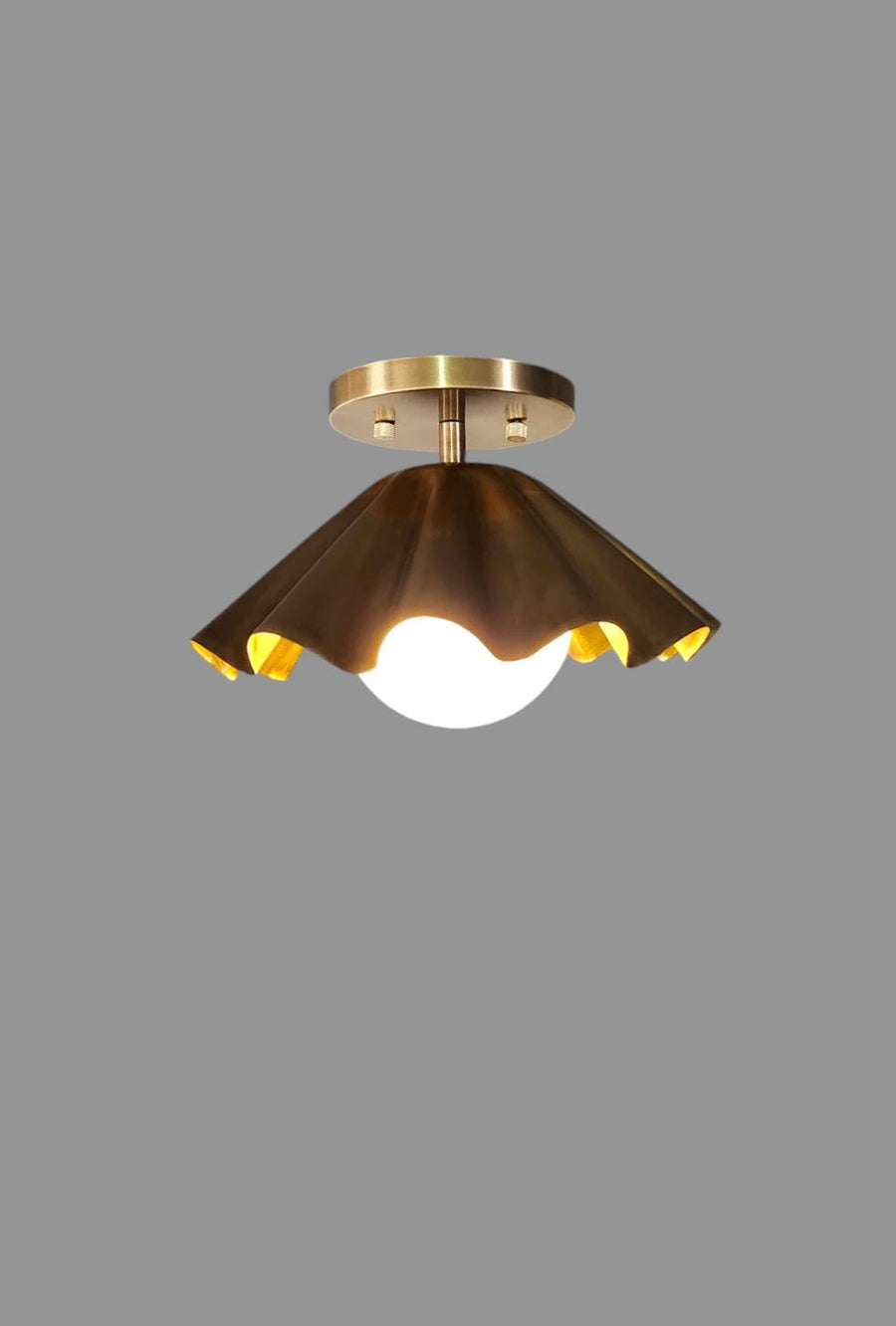 Handmade ruffled brass flushmount ceiling light with globe shade, modern semi-flush fixture