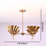 Brass bowl chandelier showing 31 inch width and 21 inch height with sculptural shell shades