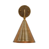 Seville brass cone wall sconce with curved arm, round canopy and warm brass patina finish