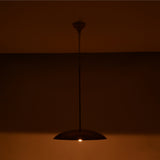 Shallow dome ceiling pendant light with slim suspension rod, chain detail, and warm ambient downward illumination