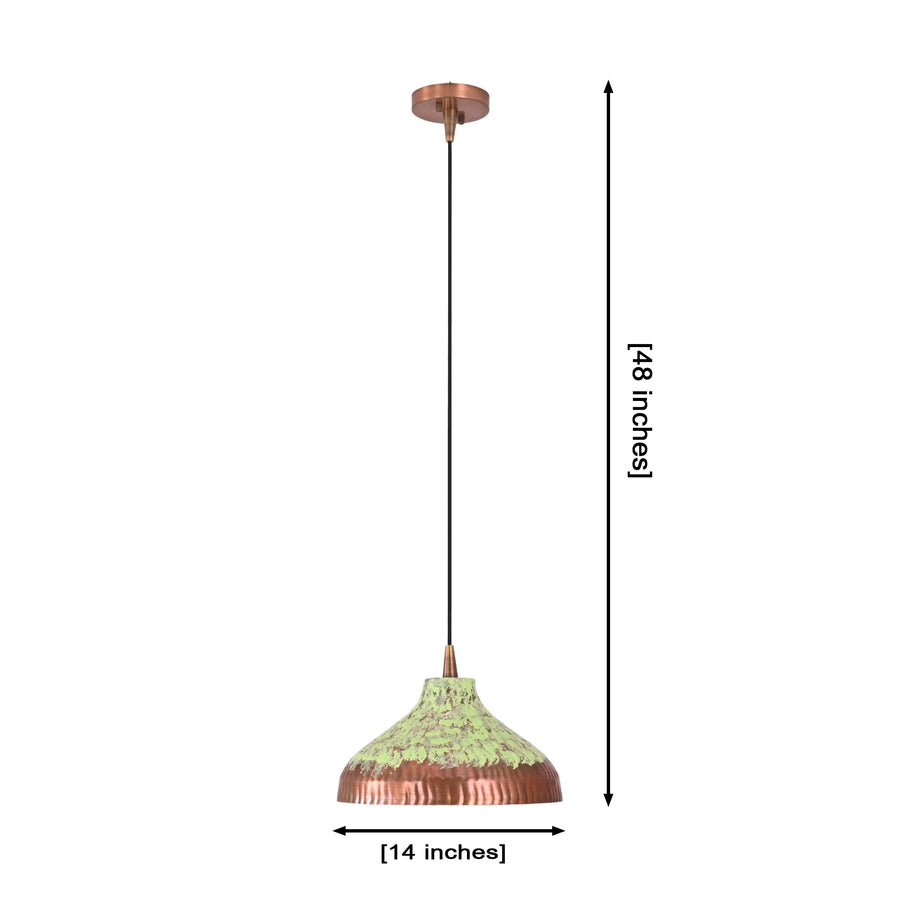 Copper green patina dome pendant light installed above a kitchen island with warm downward glow and elegant interior styling
