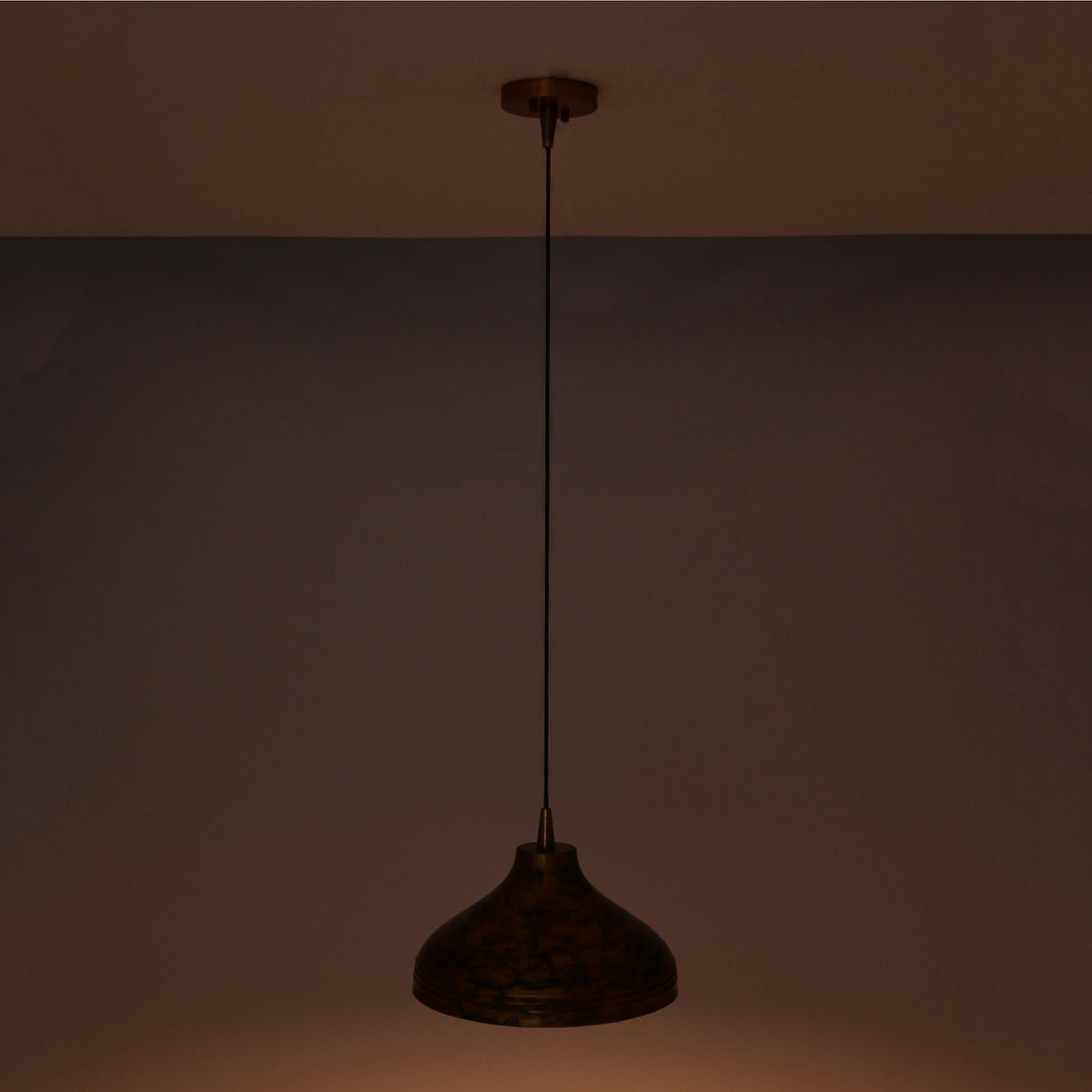 Single dome copper ceiling pendant with wide shallow shade and handcrafted-style surface texture