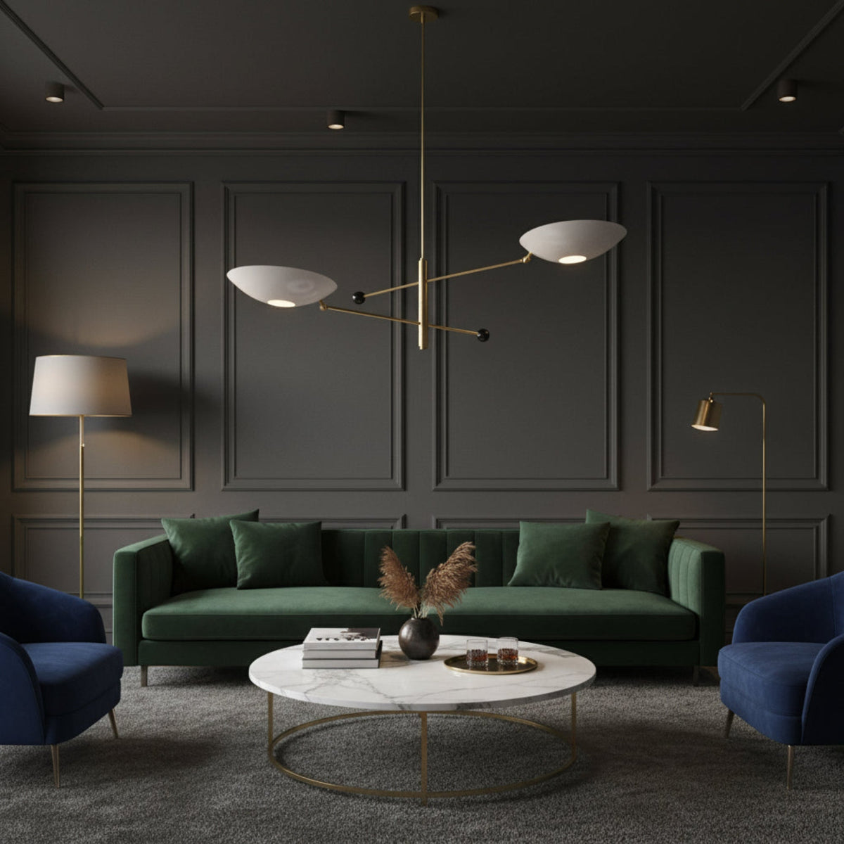 Sloane Double Disc Balance Chandelier angled view featuring balanced brass arms and white disc shades