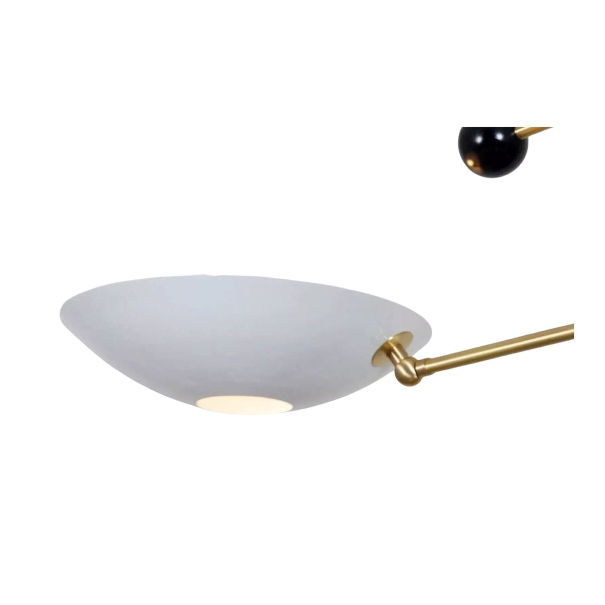 Sloane Double Disc Balance Chandelier close-up of white disc shade with brass arm detail