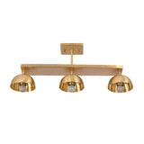 Solid brass 3-light semi flush mount ceiling fixture with linear bar and dome shades for dining room lighting