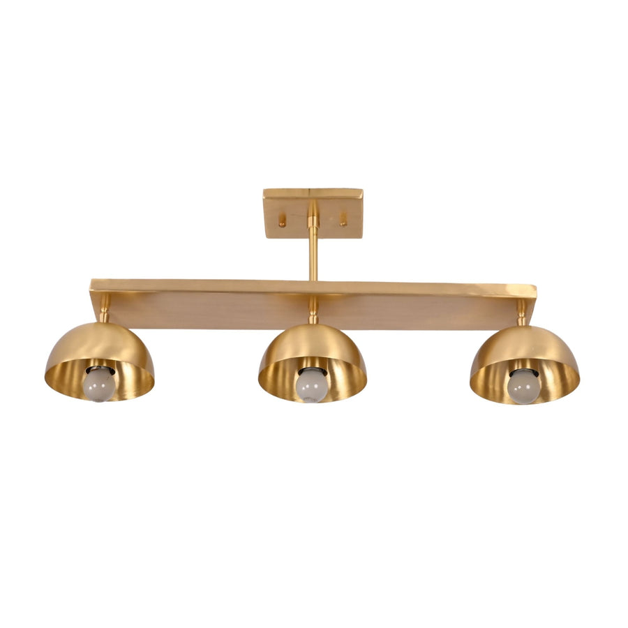 Solid brass 3-light semi flush mount ceiling fixture with linear bar and dome shades for dining room lighting