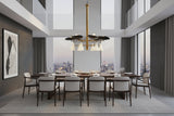 Solid brass chandelier with oven-heated enamel black curved shades and white cone shades for dining room or living room lighting