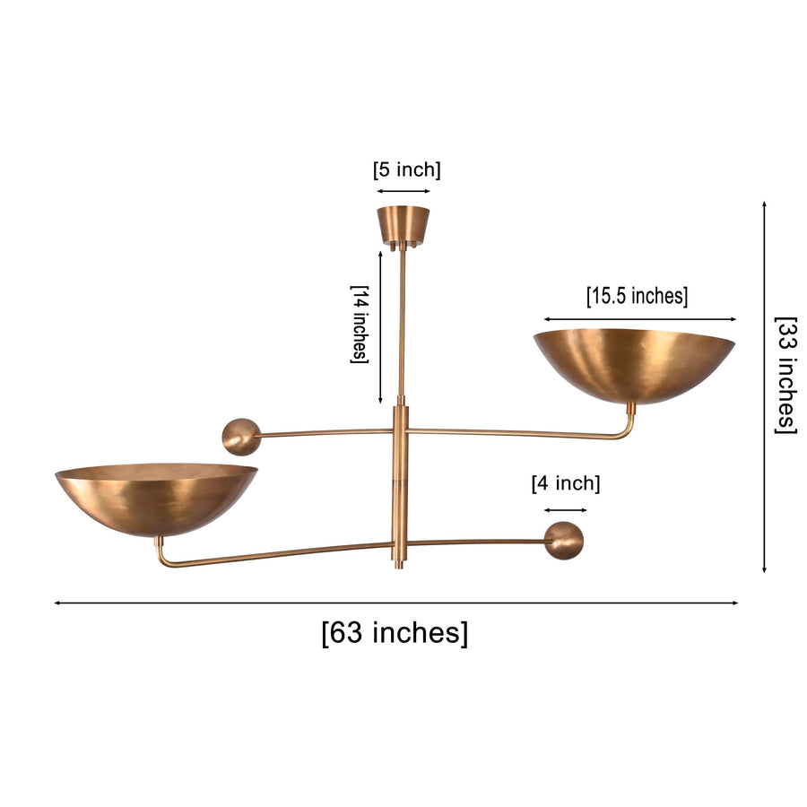 Oslo sculptural chandelier with two wide bowl shades, slim brass arms, and decorative ball accents