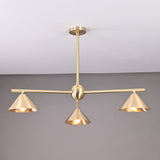 Modern solid brass chandelier with three cone-shaped shades, brushed finish, handcrafted for contemporary interior lighting.