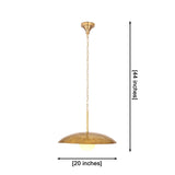 Solid brass disc pendant light shown from side angle with wide dome shade and warm globe illumination