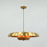 Solid brass layered pendant chandelier with wide upper disc and smaller lower bowl detail for statement lighting
