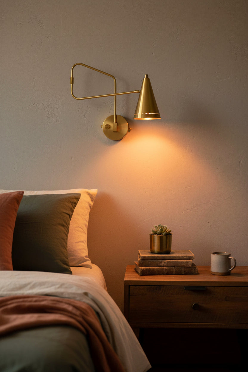Raw brass bedroom reading wall light with adjustable swing arm and focused task lighting
