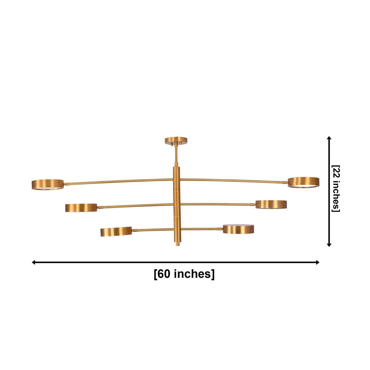 Solid brass tiered disc chandelier with six round light heads and three horizontal rod levels