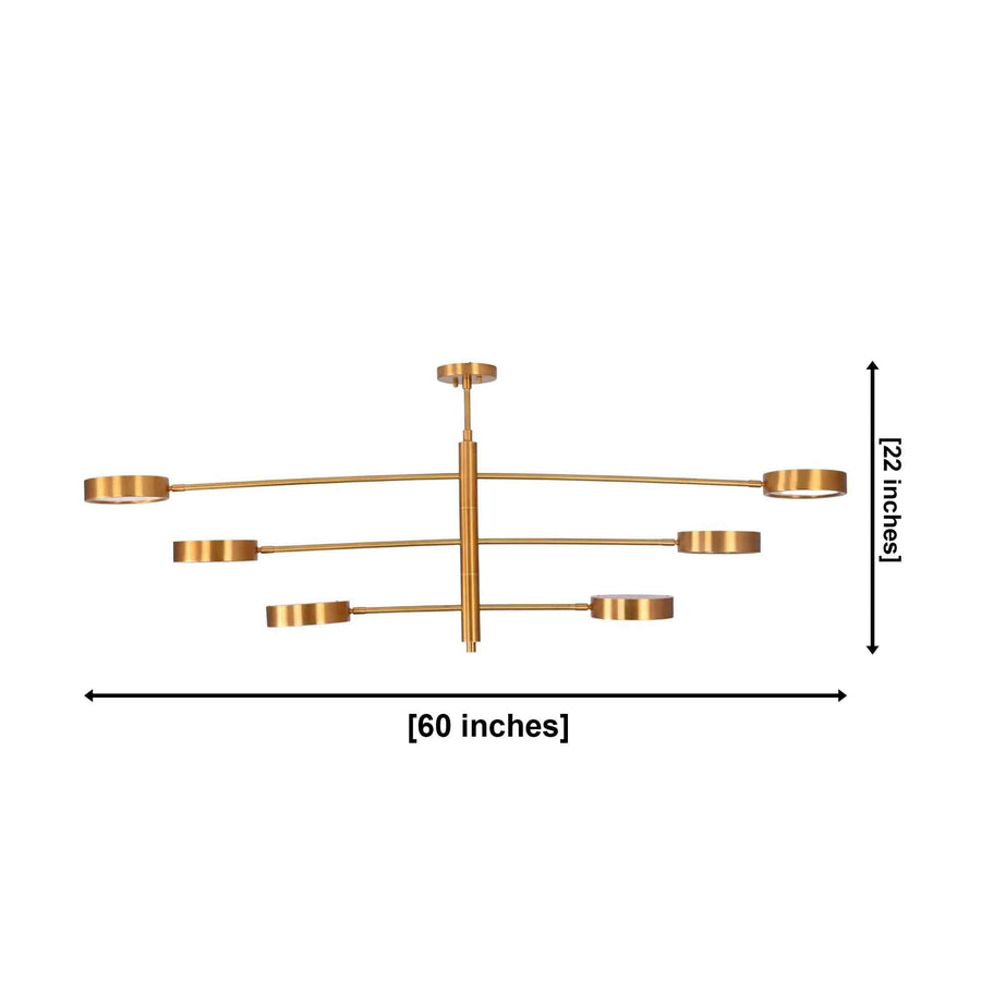 Modern linear disc chandelier shown from angle view with balanced sculptural rod arrangement