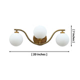 Sorrento triple globe brass wall sconce with three opal glass globes and curved solid brass structure in Brass Patina finish