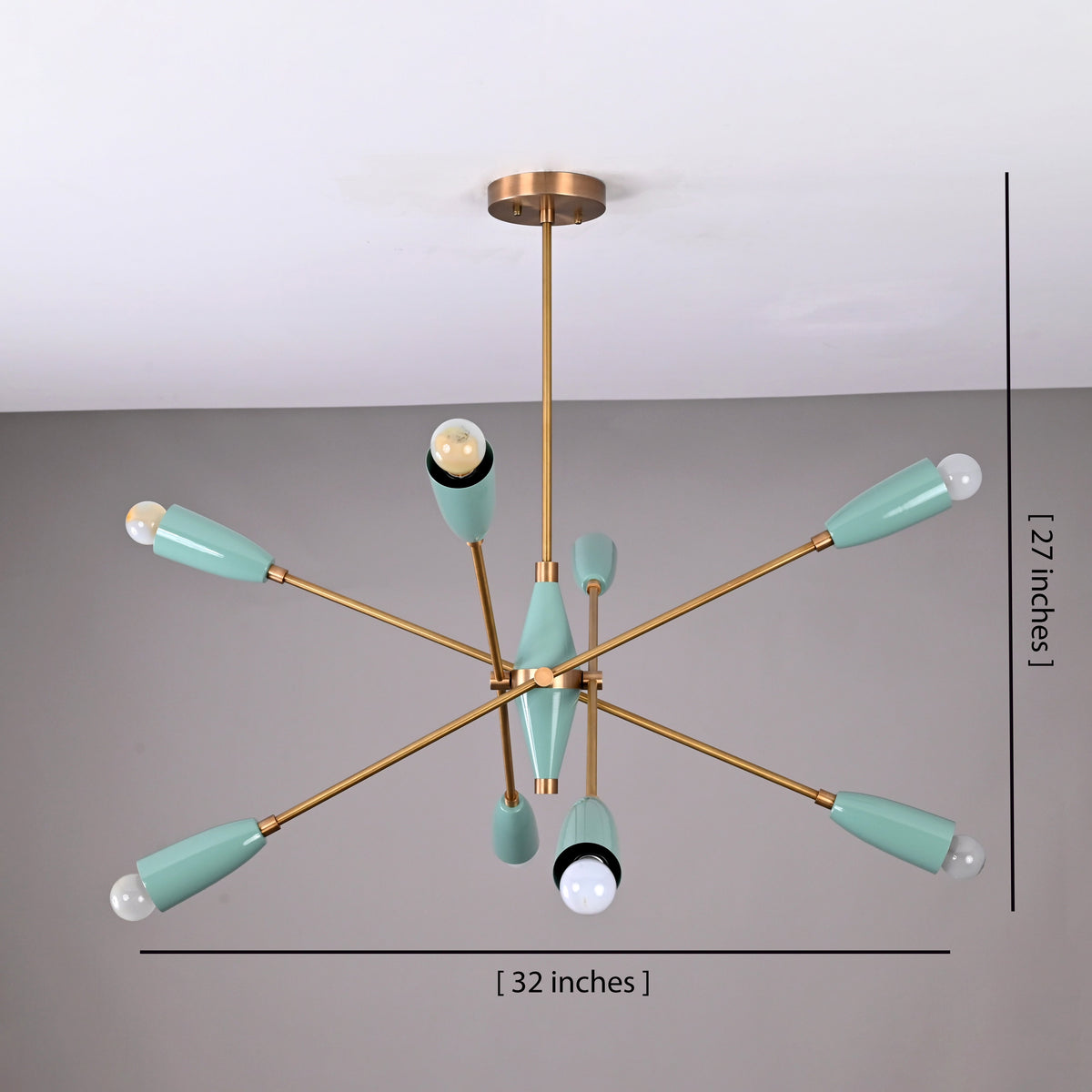 8-light teal and brass Sputnik chandelier showing dimensions 32-inch width and 27-inch height, mid-century modern ceiling fixture.