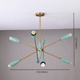 8-light teal and brass Sputnik chandelier showing dimensions 32-inch width and 27-inch height, mid-century modern ceiling fixture.