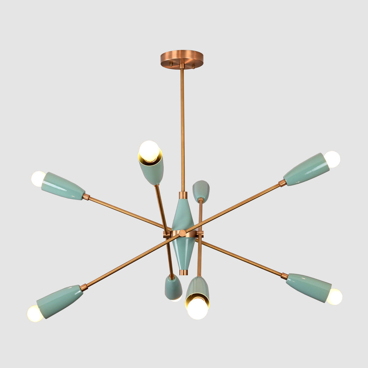 Isolated studio shot of teal and brass 8-light Sputnik chandelier with cone shades, modern designer lighting.