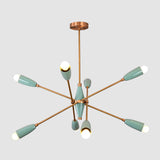 Isolated studio shot of teal and brass 8-light Sputnik chandelier with cone shades, modern designer lighting.