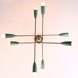 Top-down view of 8-light Sputnik chandelier with teal cone shades and brass arms, mid-century modern ceiling fixture.