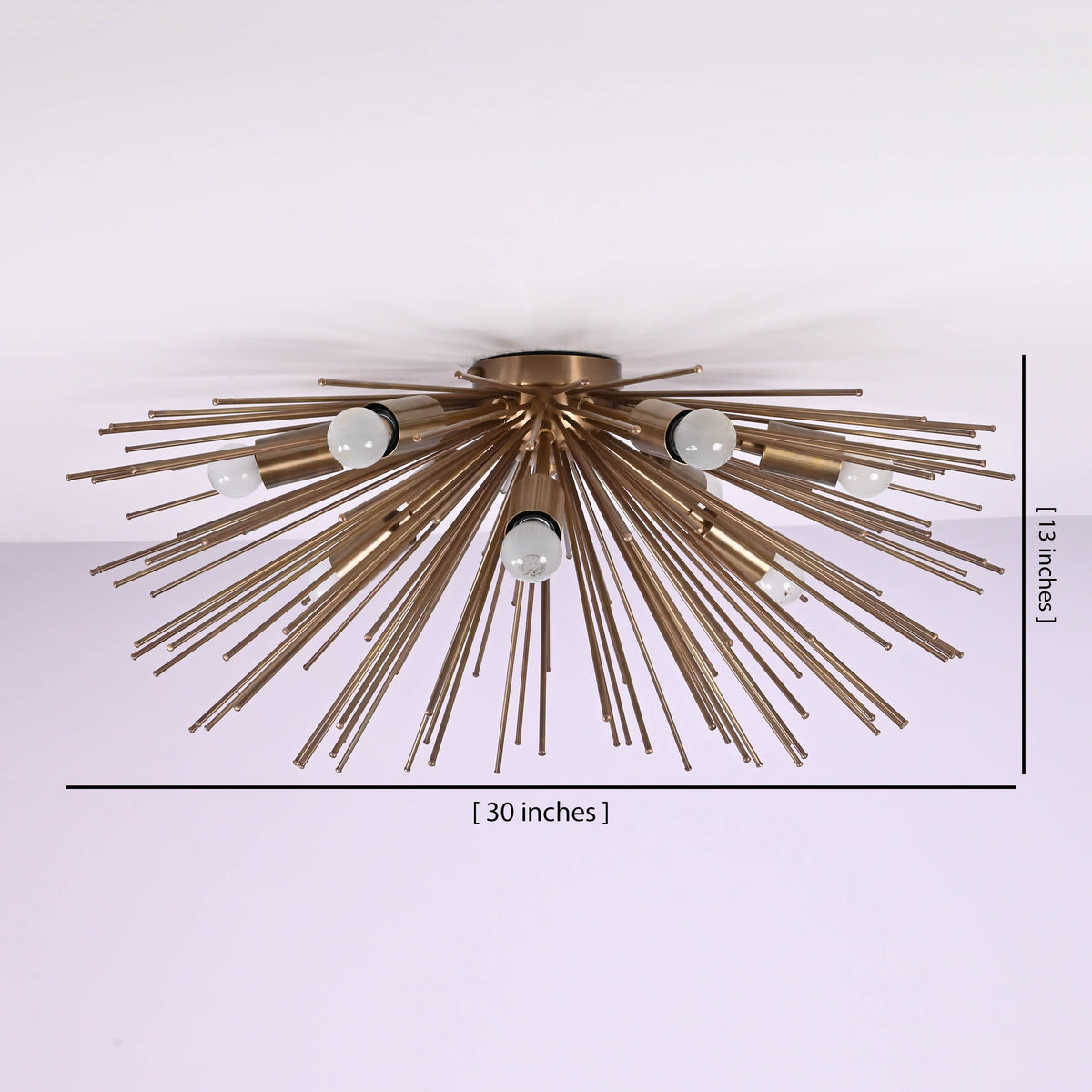 Side profile of starburst brass chandelier showing 30 inch diameter and 13 inch height dimensions