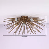 Side profile of starburst brass chandelier showing 30 inch diameter and 13 inch height dimensions