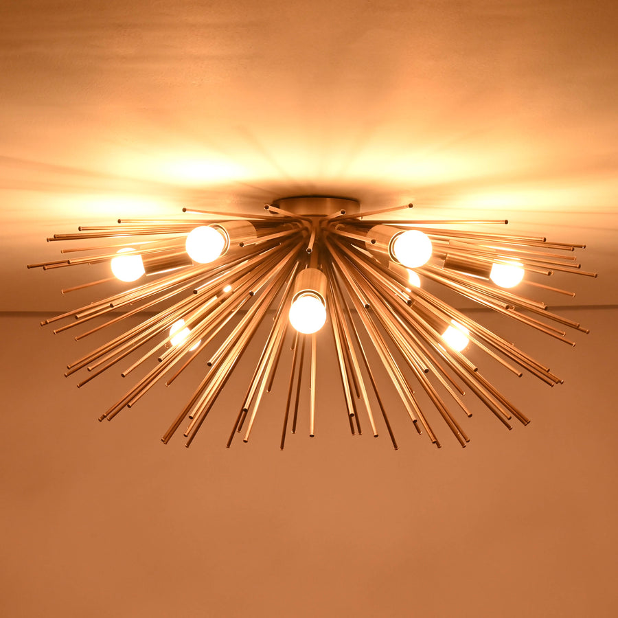 Mid century starburst flush mount chandelier crafted in solid brass with radial rod design