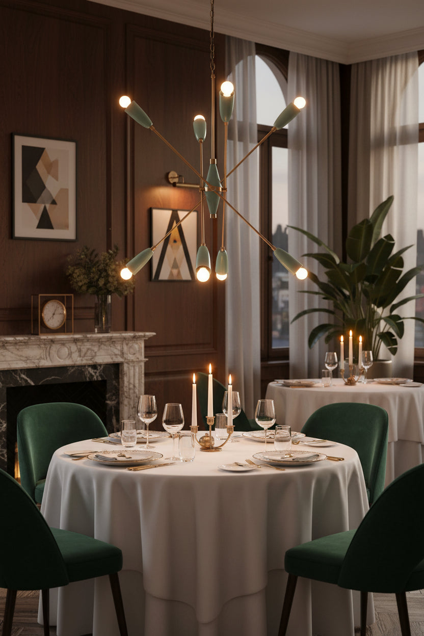Starburst chandelier with eight glowing bulbs creating warm multi-directional light for cozy interior spaces