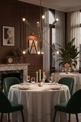 Starburst chandelier with eight glowing bulbs creating warm multi-directional light for cozy interior spaces