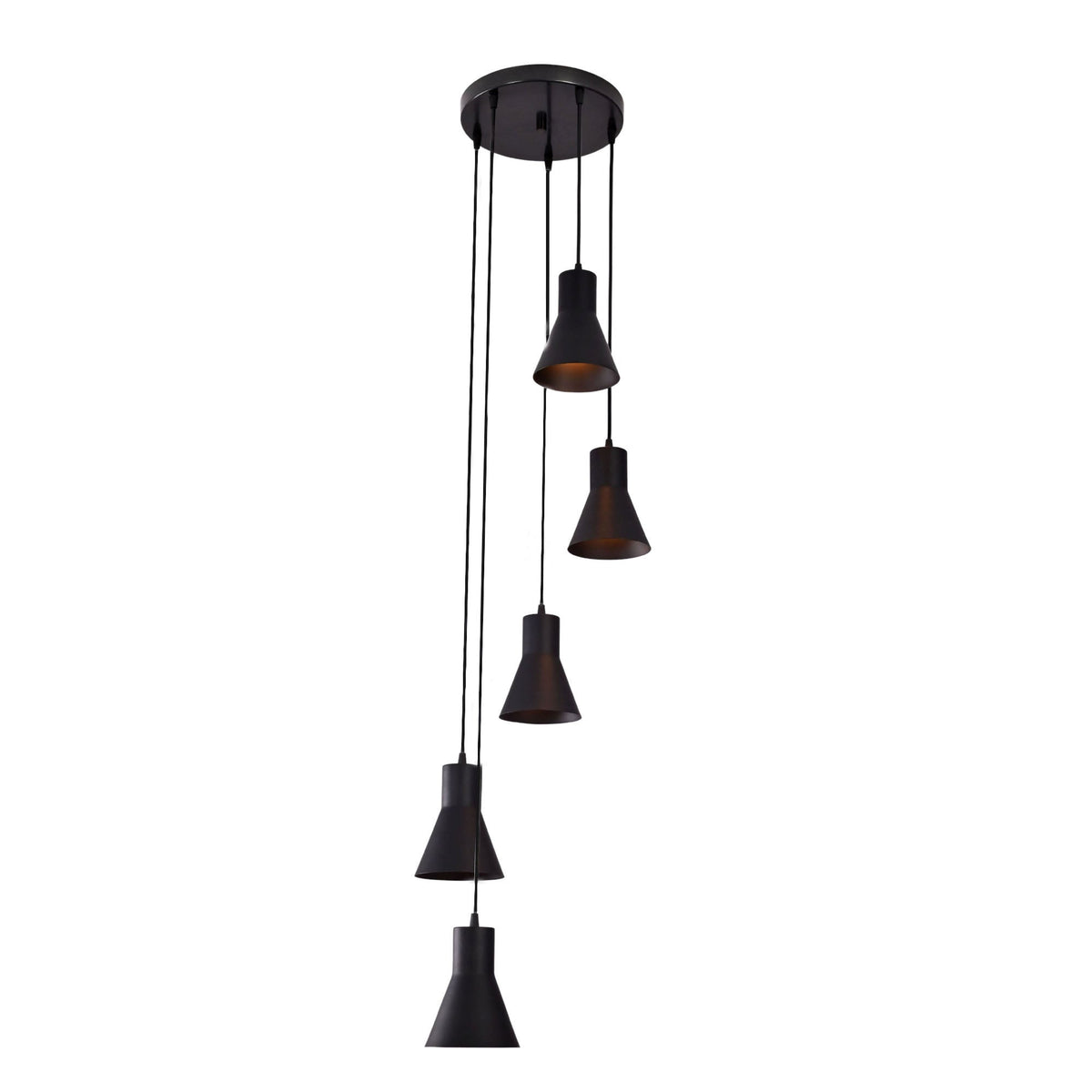 Angled view of the Sutton Cascade Cone 5 Light Multi Pendant Chandelier with staggered adjustable cord suspension and matte black cone shades.