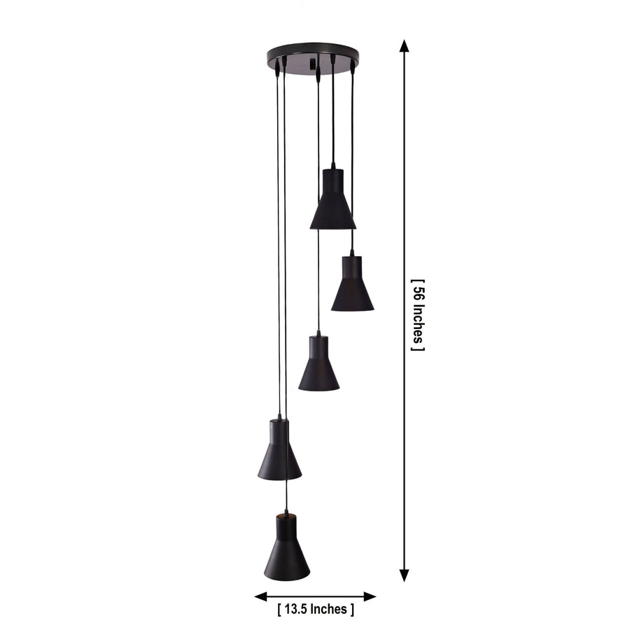 Sutton Cascade Cone Multi Pendant Chandelier 5 Light installed in a contemporary living room, creating warm ambient illumination over a modern seating area.