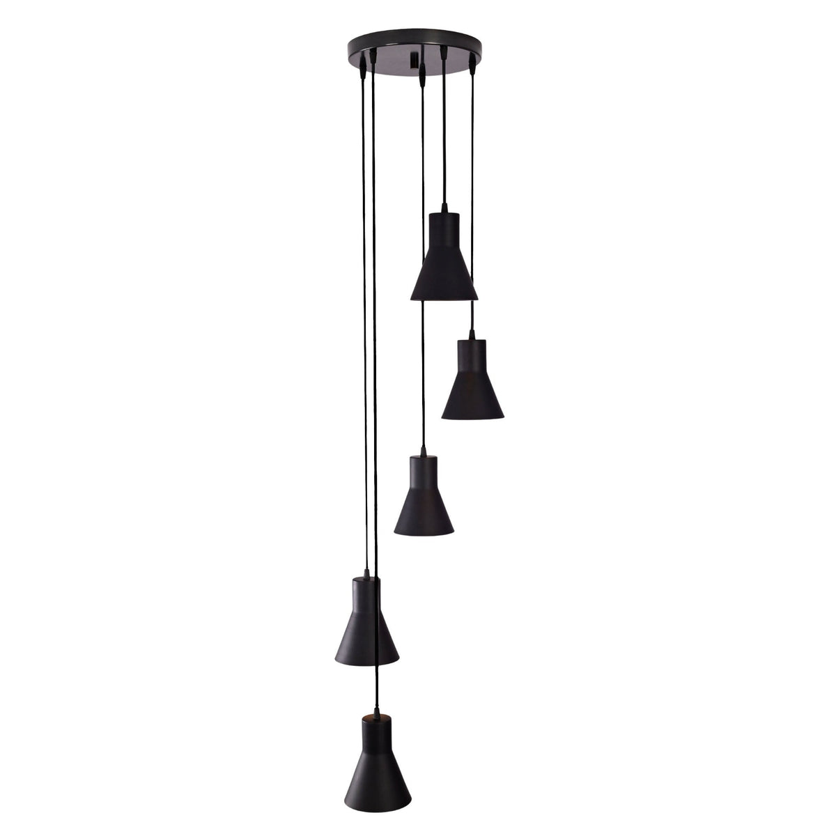 Sutton Cascade Cone Multi Pendant Chandelier 5 Light Model 33239 front view featuring five handcrafted tapered cone metal shades in matte black.