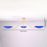 Three-light brass flush mount ceiling light with blue bowl shades showing 46 inch width and 15 inch height dimensions
