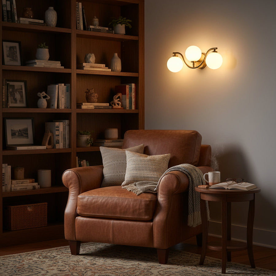 Sorrento triple globe wall sconce dimension view showing 20 inch width and 7 inch height for product size reference